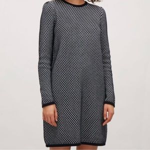 COS Sweater Dress Large Navy Blue White Knit Long Sleeve Knee Length Minimal
